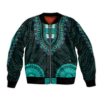 Teal and black bomber jacket with zip front, ribbed cuffs, and ornate tribal pattern