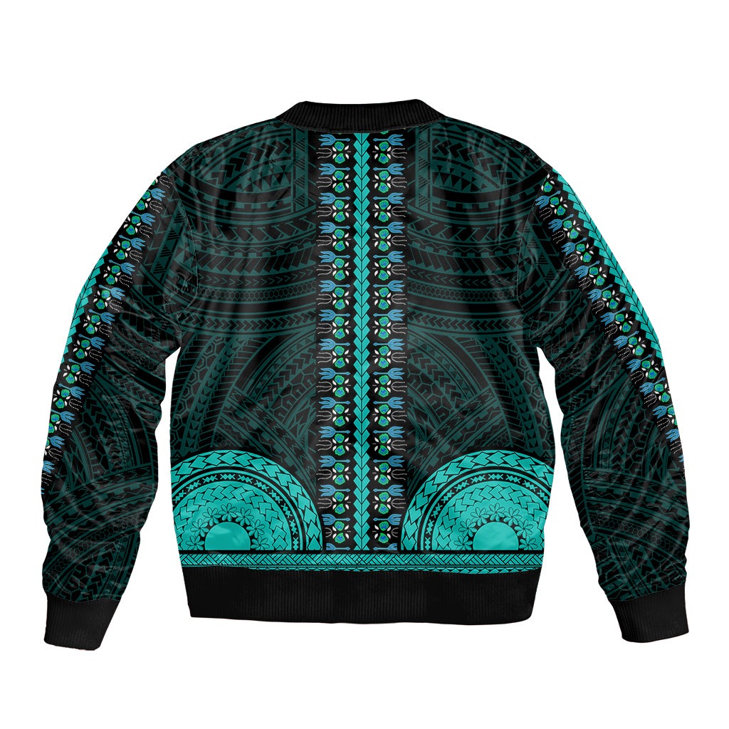 Teal and black bomber jacket with ornate tribal stripes and large circular motifs