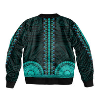 Teal and black bomber jacket with ornate tribal stripes and large circular motifs