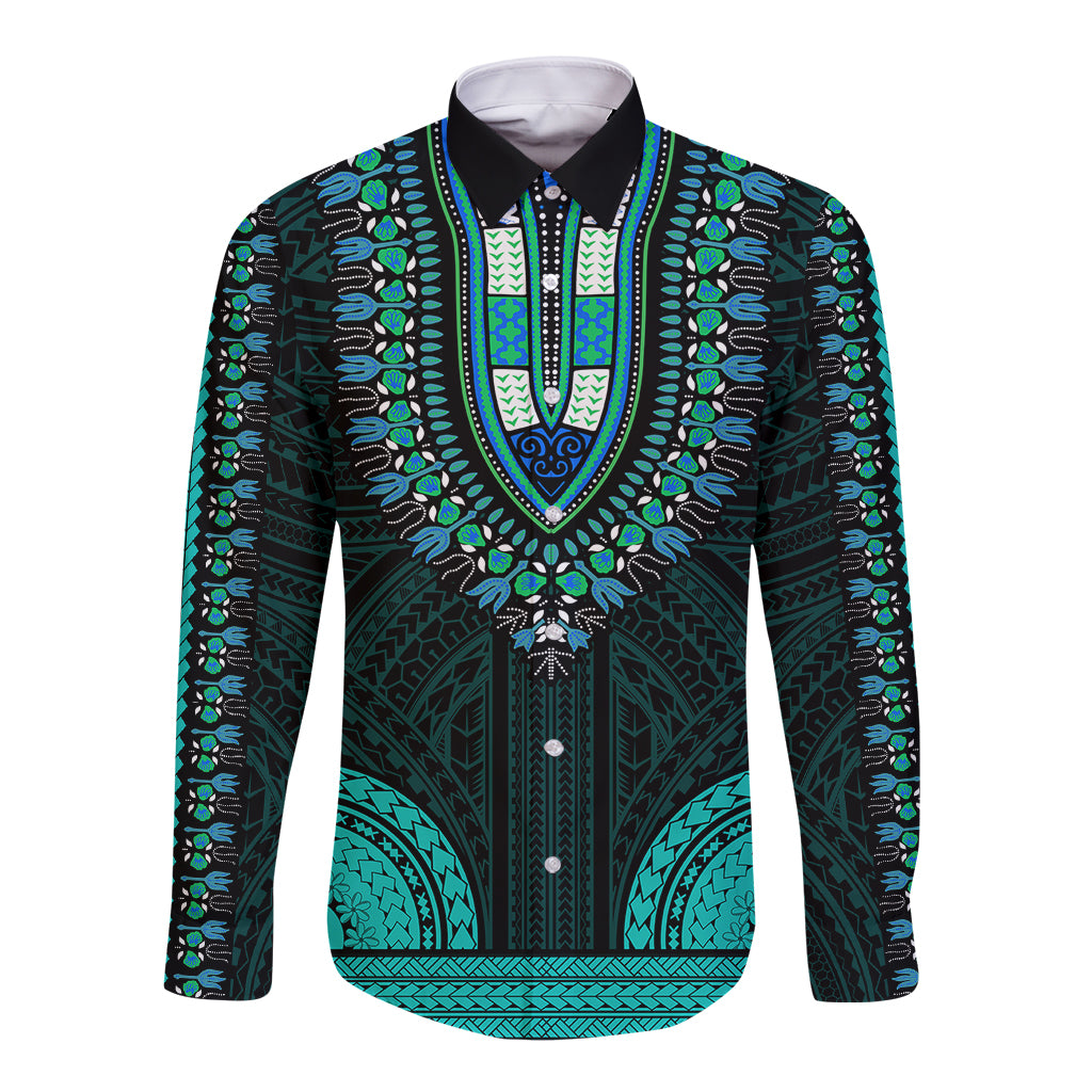 Long-sleeve button dashiki shirt in teal and dark green with ornate Polynesian pattern