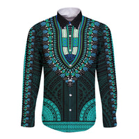 Long-sleeve button dashiki shirt in teal and dark green with ornate Polynesian pattern