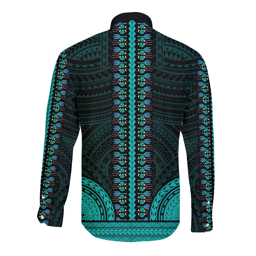 Long-sleeve dashiki shirt back with vertical teal-and-dark pattern panel
