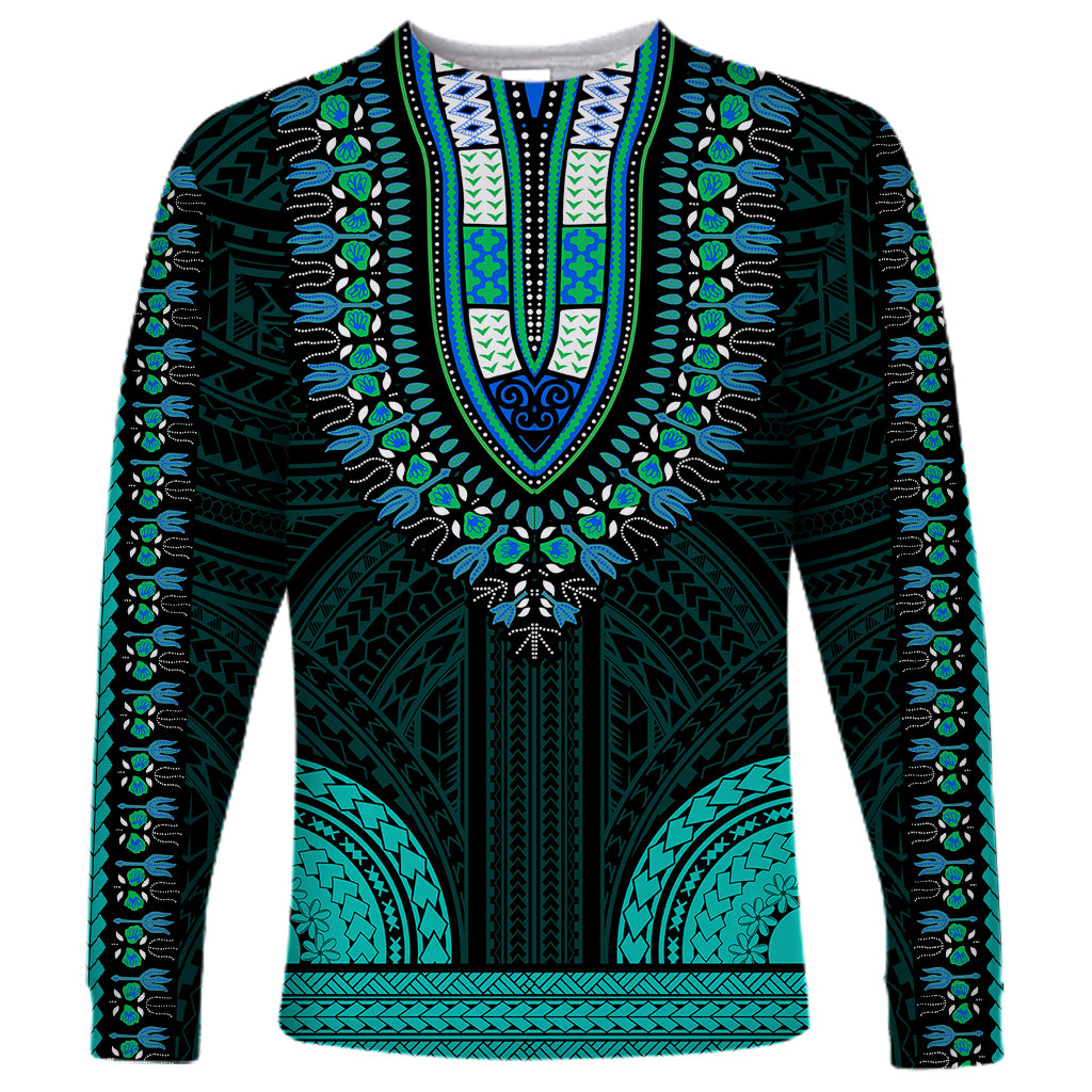 Teal long-sleeve dashiki shirt with geometric and floral pattern, V-neck