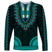 Teal long-sleeve dashiki shirt with geometric and floral pattern, V-neck