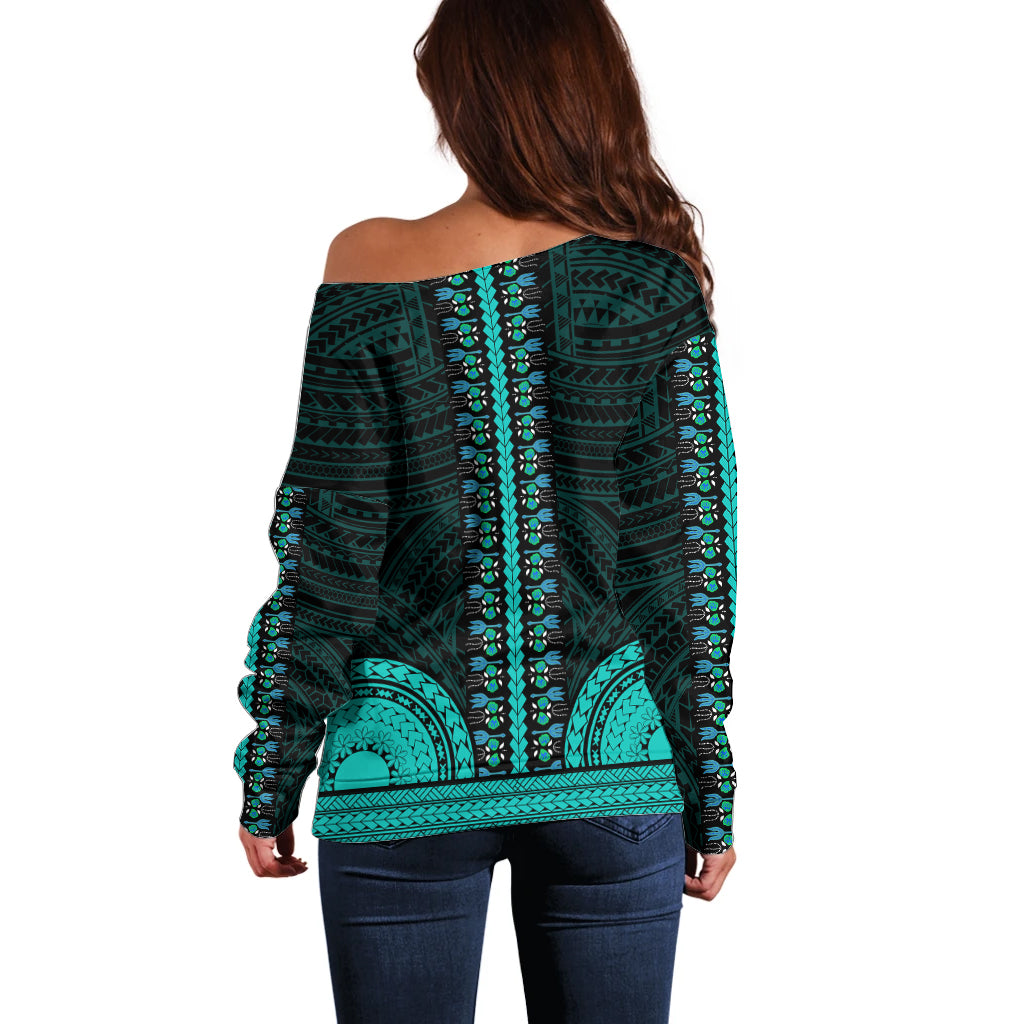 Women’s teal off-shoulder sweater with back tribal panel and turquoise trim, long sleeves