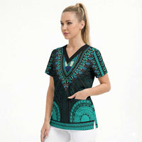 African Dashiki and Polynesian Pattern Scrub Top Teal
