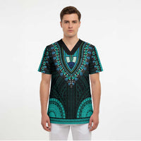 African Dashiki and Polynesian Pattern Scrub Top Teal