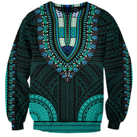 Unisex dashiki sweatshirt with V-neck, long sleeves, teal tribal pattern on dark base