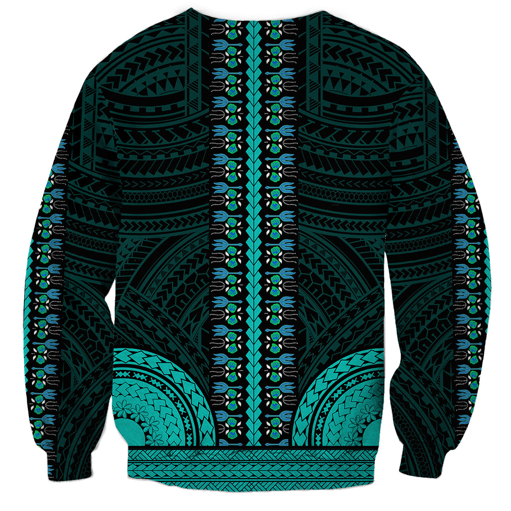 Unisex dashiki sweatshirt with long sleeves, teal tribal pattern on dark base