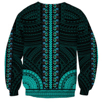 Unisex dashiki sweatshirt with long sleeves, teal tribal pattern on dark base