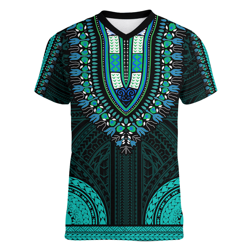 african-dashiki-women-v-neck-t-shirt-with-polynesian-pattern-teal