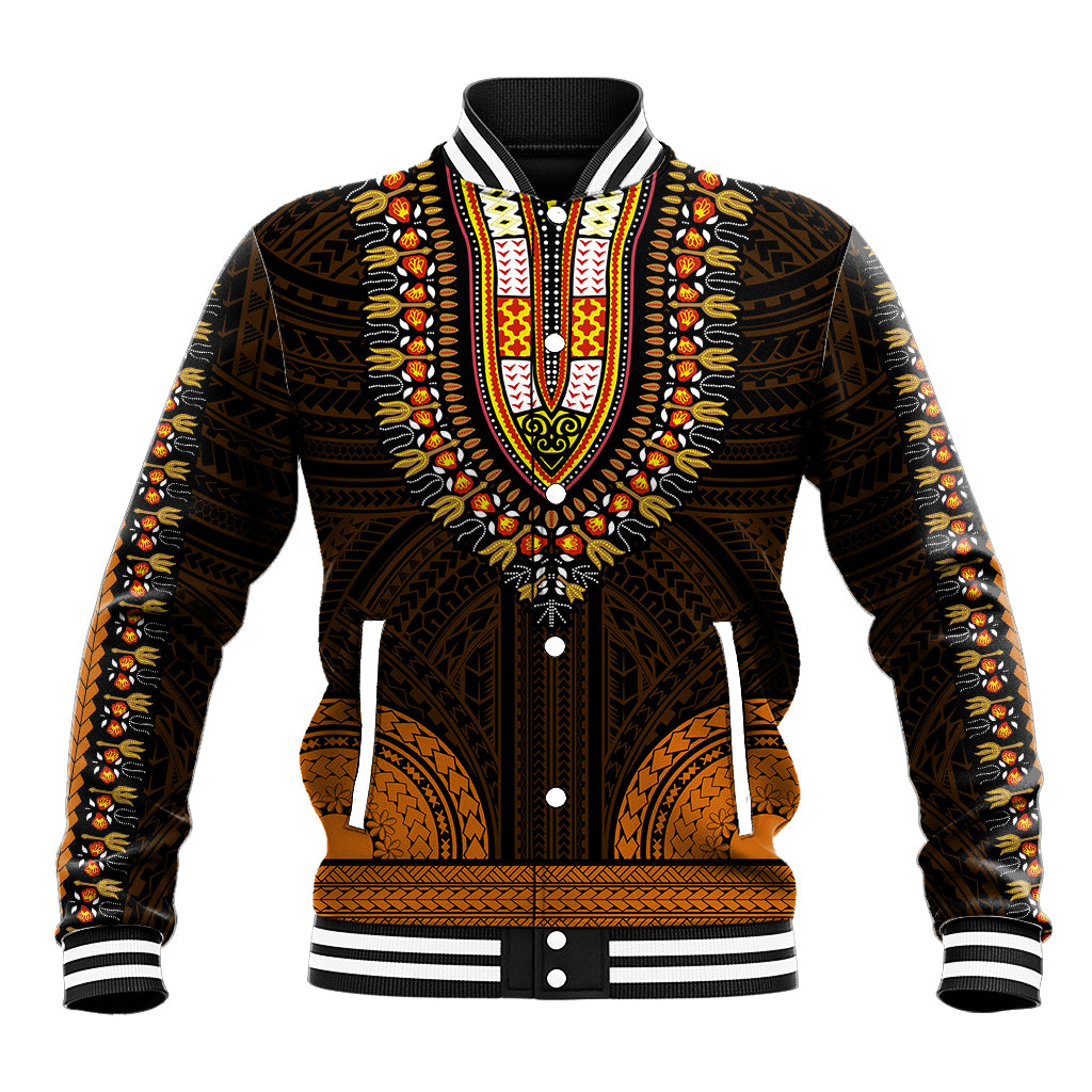 Unisex black baseball jacket with gold and orange tribal front panel, striped collar and cuffs