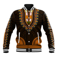 Unisex black baseball jacket with gold and orange tribal front panel, striped collar and cuffs