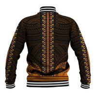 Unisex black baseball jacket with gold and orange tribal back print, striped cuffs