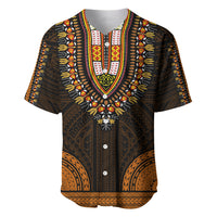 Dashiki baseball jersey, dark body with V-neck and button placket; gold and orange pattern