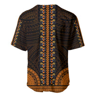 Dashiki baseball jersey, dark back with vertical gold-orange motif stripes and tribal graphics