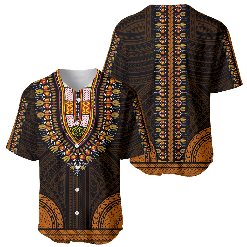 Dashiki baseball jersey, front and back; dark V-neck with buttons and gold-orange motifs