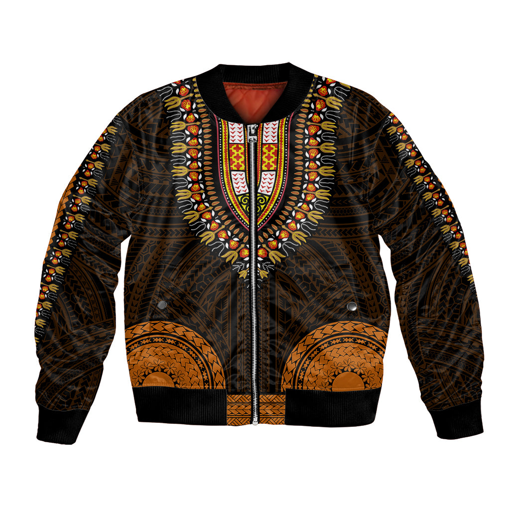 Unisex dashiki bomber jacket, dark with gold & multicolor tribal patterns, zip front