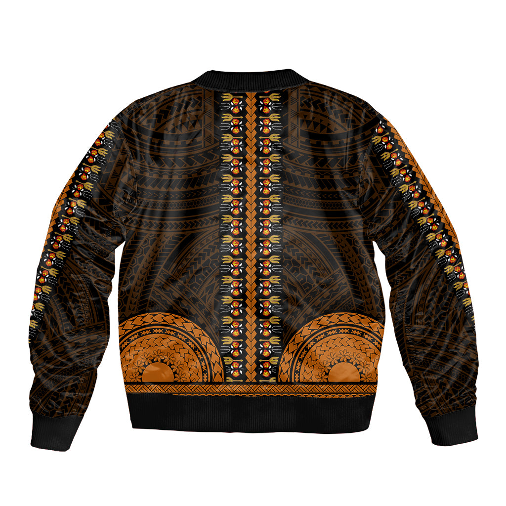 Unisex dashiki bomber jacket, dark with gold & multicolor tribal pattern, ribbed hem & cuffs