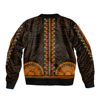 Unisex dashiki bomber jacket, dark with gold & multicolor tribal pattern, ribbed hem & cuffs