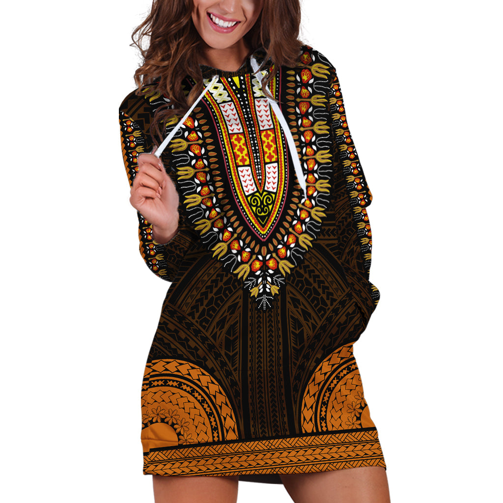 African Dashiki Hoodie Dress With Polynesian Pattern - Gold - Wonder Print Shop