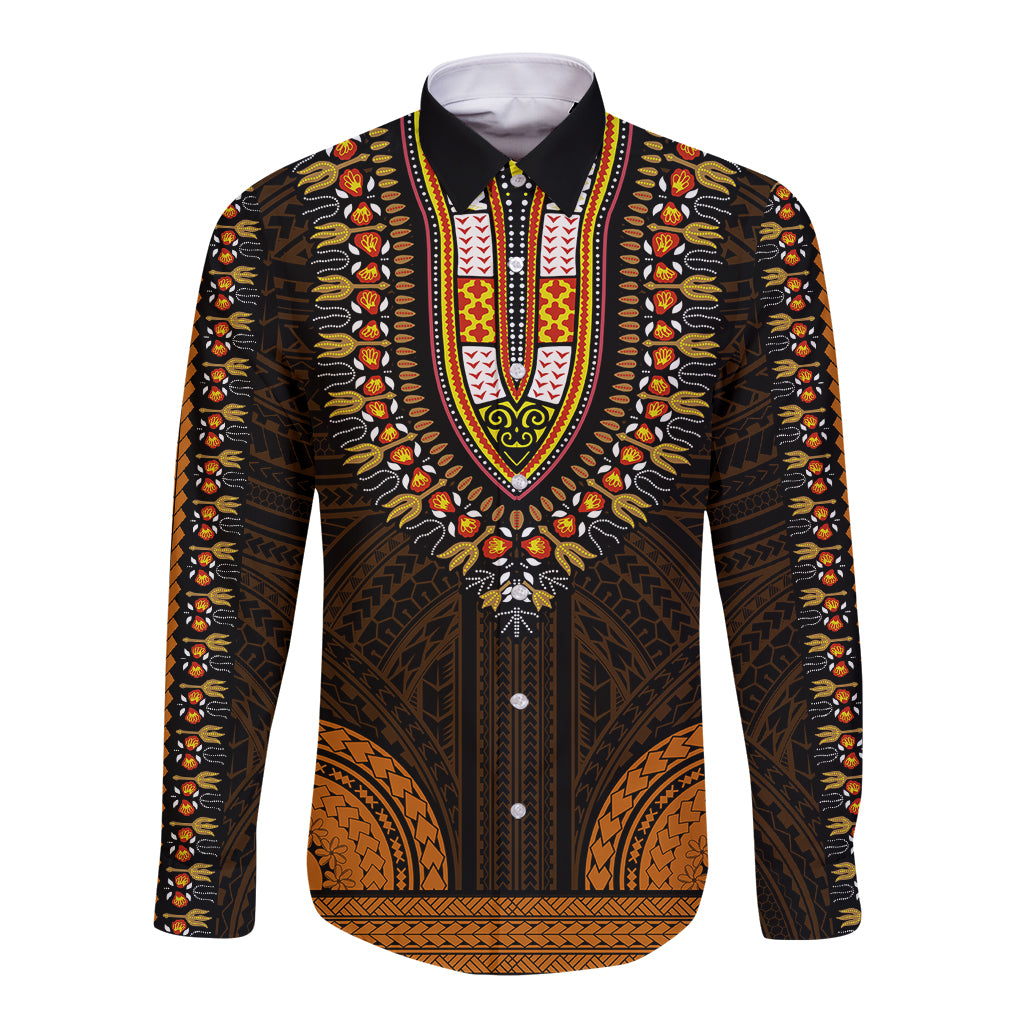 African Dashiki Long Sleeve Button Shirt With Polynesian Pattern - Gold - Wonder Print Shop