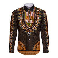 Gold-toned long sleeve dashiki shirt with button placket and polynesian-style trim