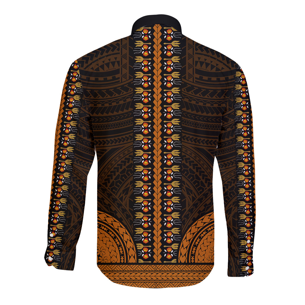 Gold-toned long sleeve dashiki shirt with full back tribal pattern and button front