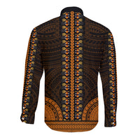 Gold-toned long sleeve dashiki shirt with full back tribal pattern and button front