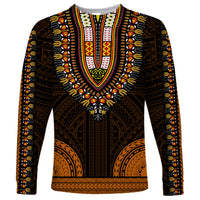 Long-sleeve dashiki shirt with V neckline, ornate gold-and-orange tribal geometric pattern