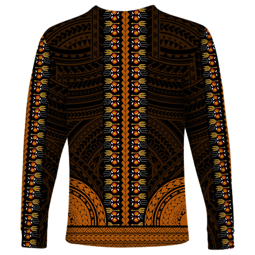 Long-sleeve dashiki shirt with vertical gold-and-orange tribal geometric design on back