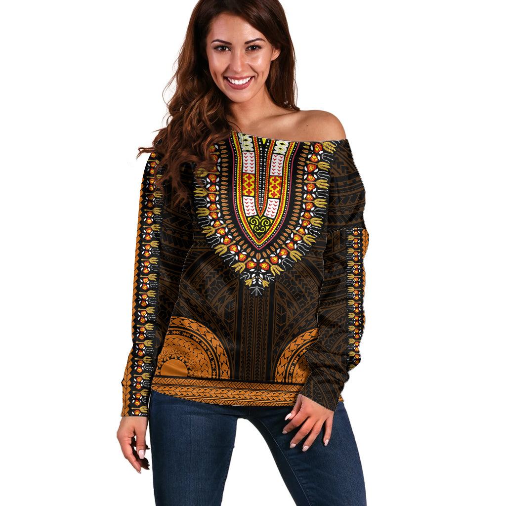 African Dashiki Off Shoulder Sweater With Polynesian Pattern - Gold - Wonder Print Shop