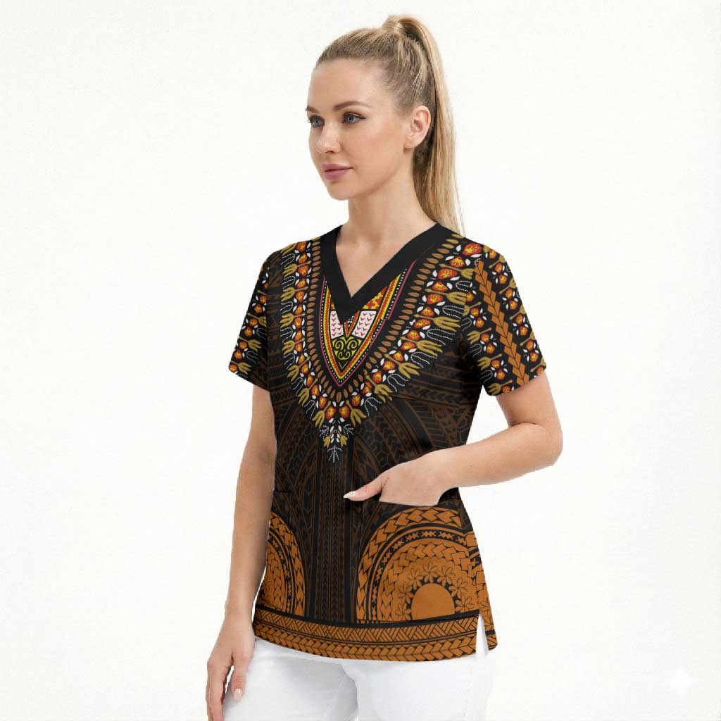 African Dashiki and Polynesian Pattern Scrub Top Gold