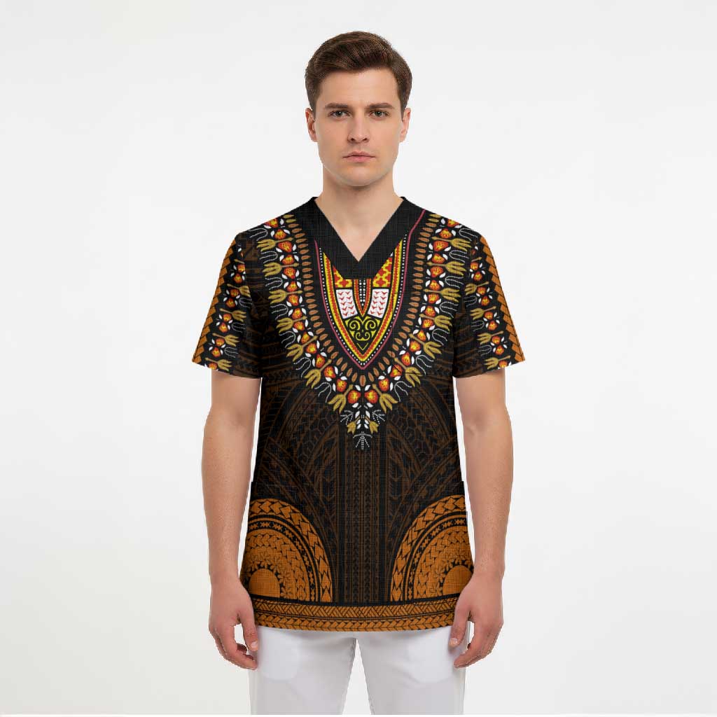 African Dashiki and Polynesian Pattern Scrub Top Gold