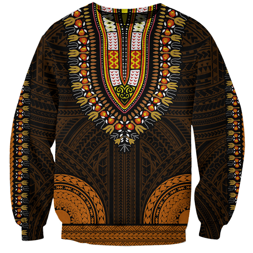 Unisex dashiki sweatshirt with black base and gold-and-orange Polynesian-style front print