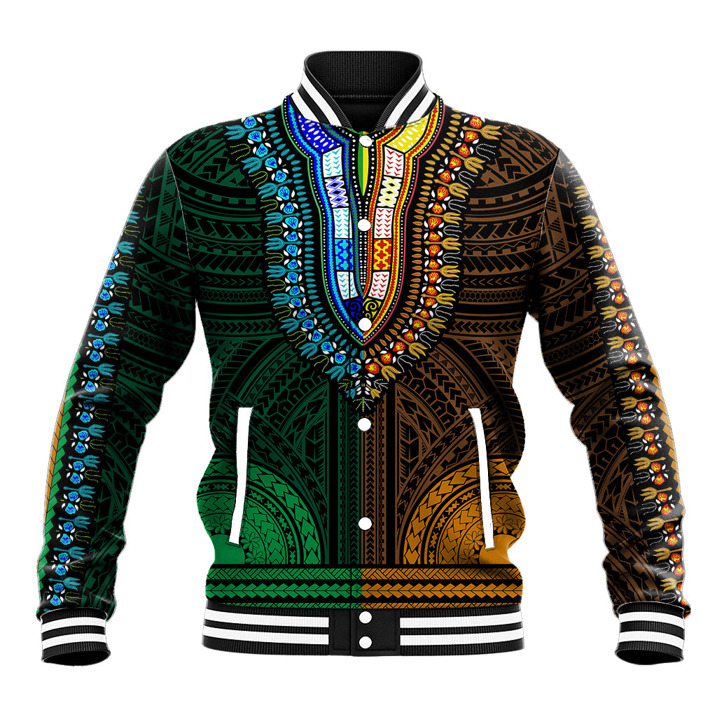 African Dashiki Baseball Jacket With Polynesian Pattern - Half Green and Gold LT9 - Wonder Print Shop