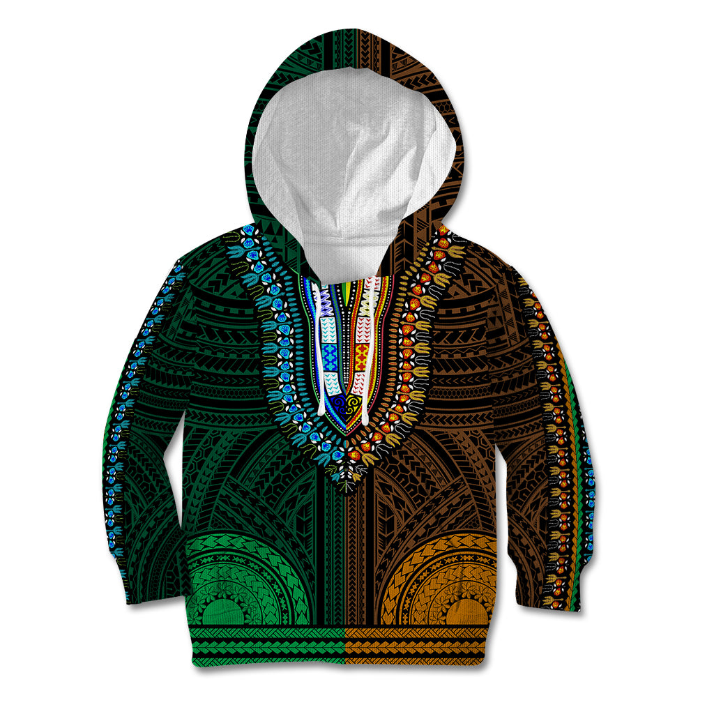 African Dashiki Kid Hoodie With Polynesian Pattern - Half Green and Gold - Wonder Print Shop