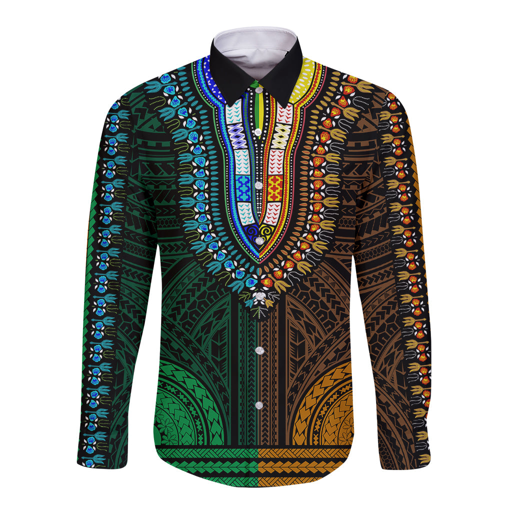 African Dashiki Long Sleeve Button Shirt With Polynesian Pattern - Half Green and Gold - Wonder Print Shop