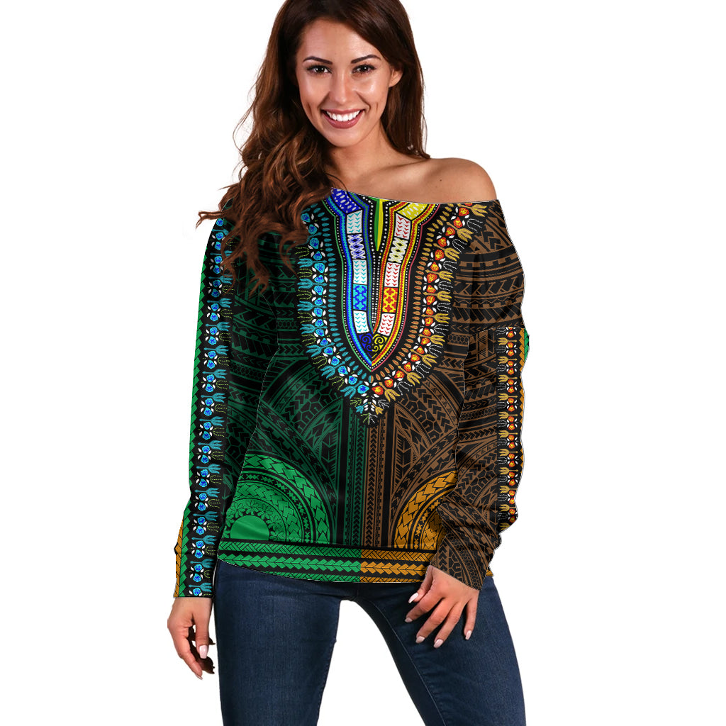 african-dashiki-off-shoulder-sweater-with-polynesian-pattern-half-green-and-gold