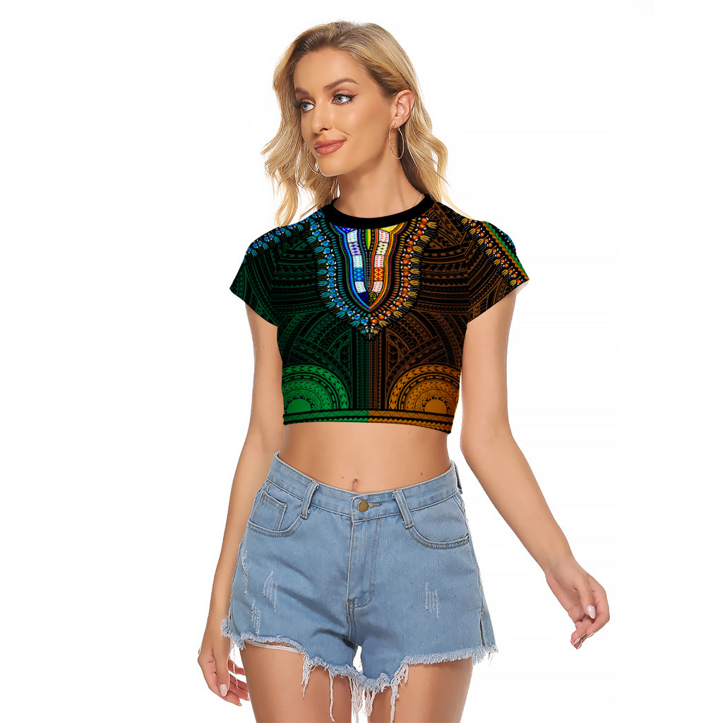 african-dashiki-raglan-cropped-t-shirt-with-polynesian-pattern-half-green-and-gold