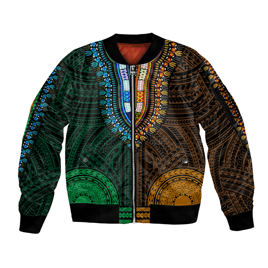 african-dashiki-sleeve-zip-bomber-jacket-with-polynesian-pattern-half-green-and-gold