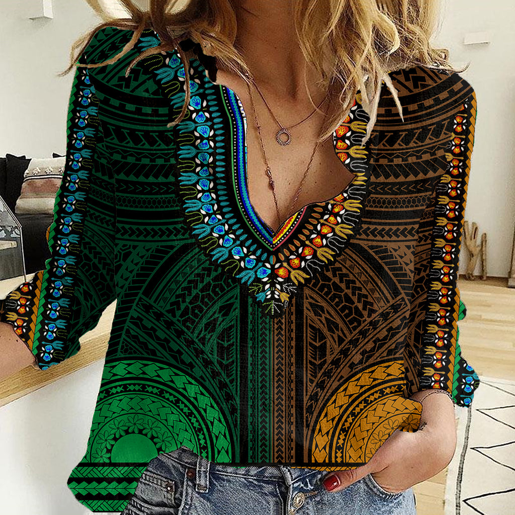 african-dashiki-women-casual-shirt-with-polynesian-pattern-half-green-and-gold