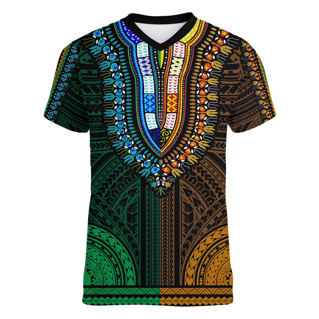 african-dashiki-women-v-neck-t-shirt-with-polynesian-pattern-half-green-and-gold