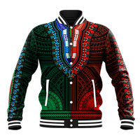 Green and red dashiki baseball jacket with colorful patterned embroidery, snap front