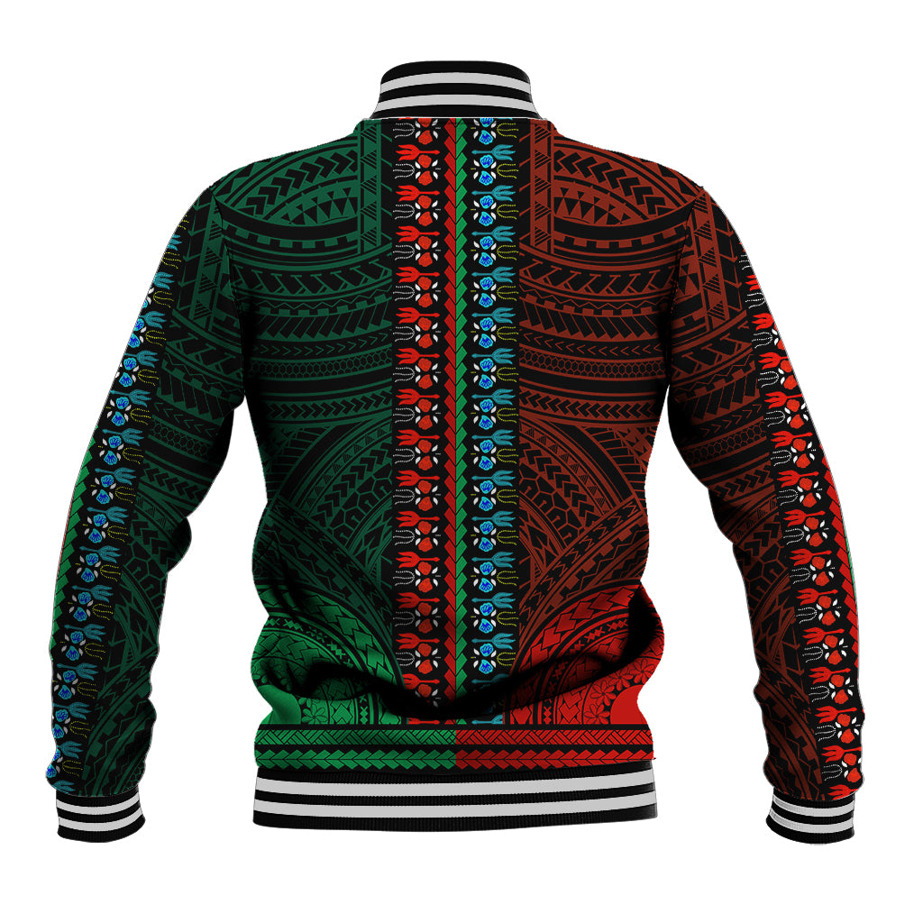 Back view of green and red dashiki baseball jacket with striped ribbed cuffs and bold patterns