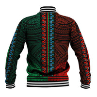 Back view of green and red dashiki baseball jacket with striped ribbed cuffs and bold patterns