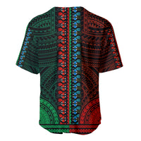 Baseball jersey back view with green and red tribal pattern, blue center stripe.