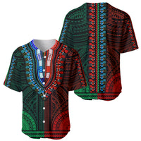 Baseball jersey with V-neck, green and red half tribal dashiki print, button placket.