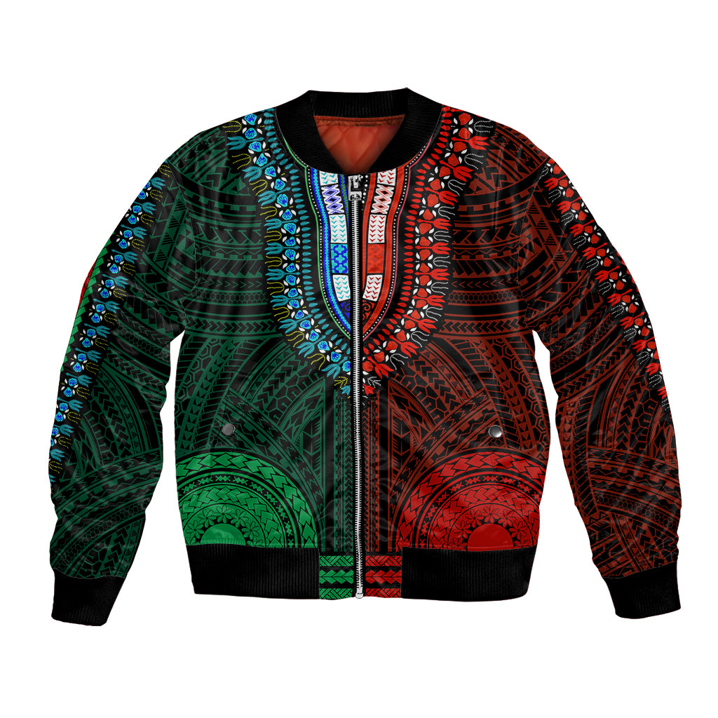 Unisex bomber jacket, half green/red tribal dashiki pattern, zip front, ribbed cuffs