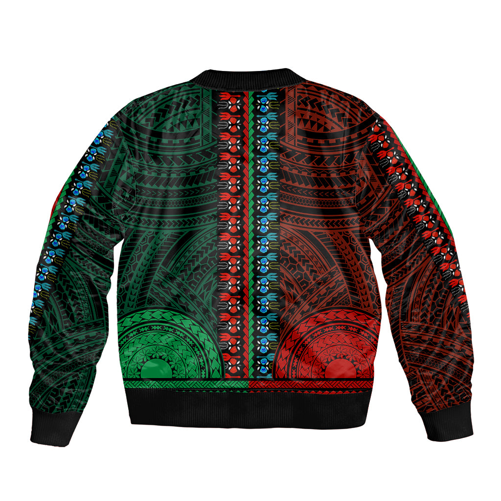 Unisex bomber jacket with half green and red tribal pattern, black ribbed hem and collar